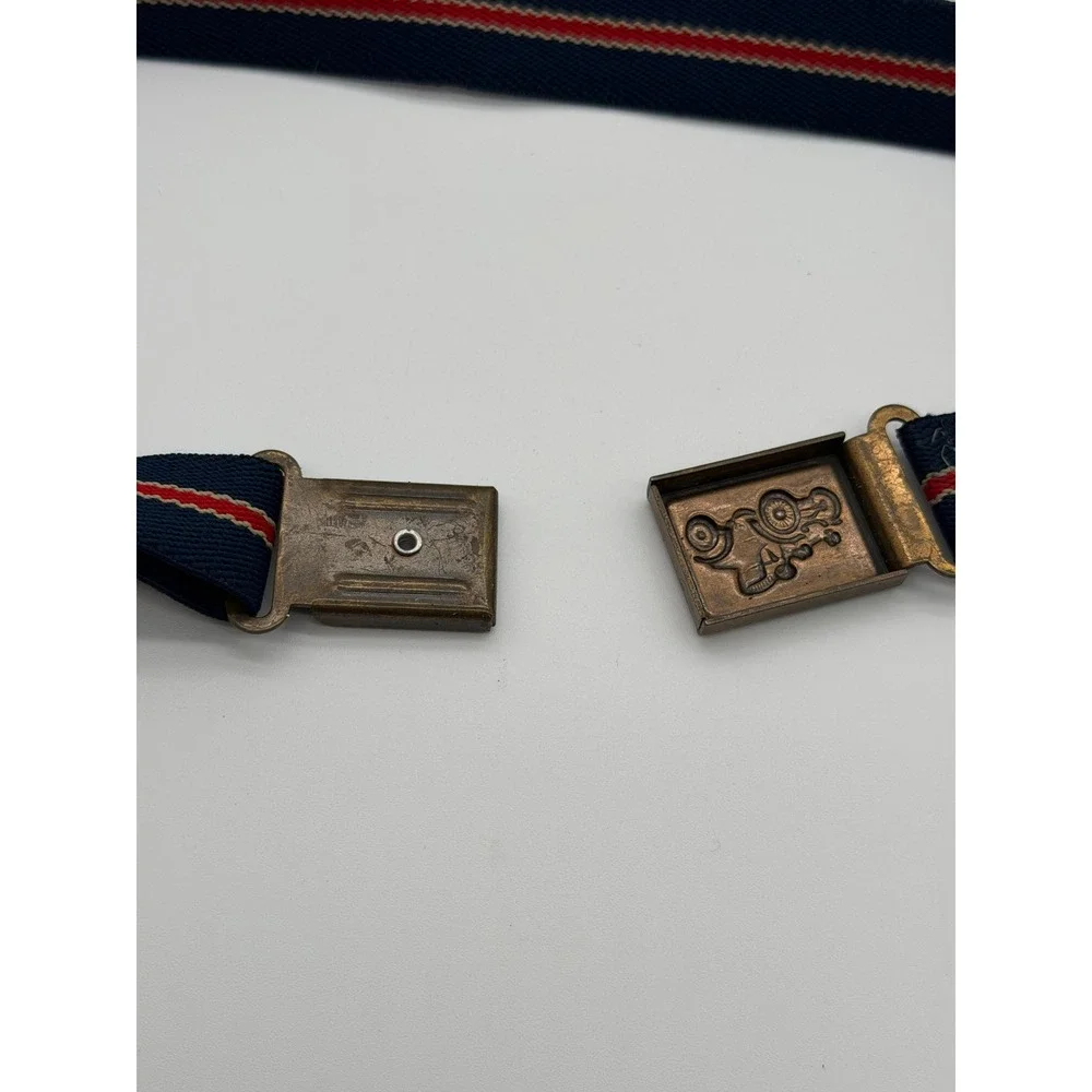 Vintage 70's Kids Elastic Belt Navy Blue Red Striped Brass Car Buckle Adjustable